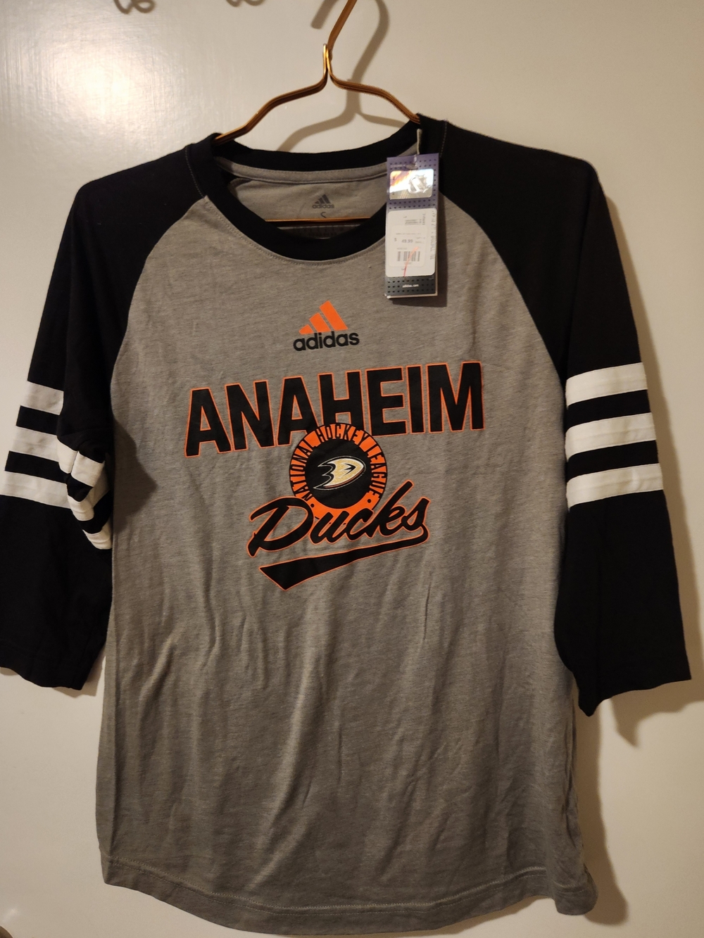 adidas Anaheim Ducks Raglan Tee - Gray/Black with Orange Logo